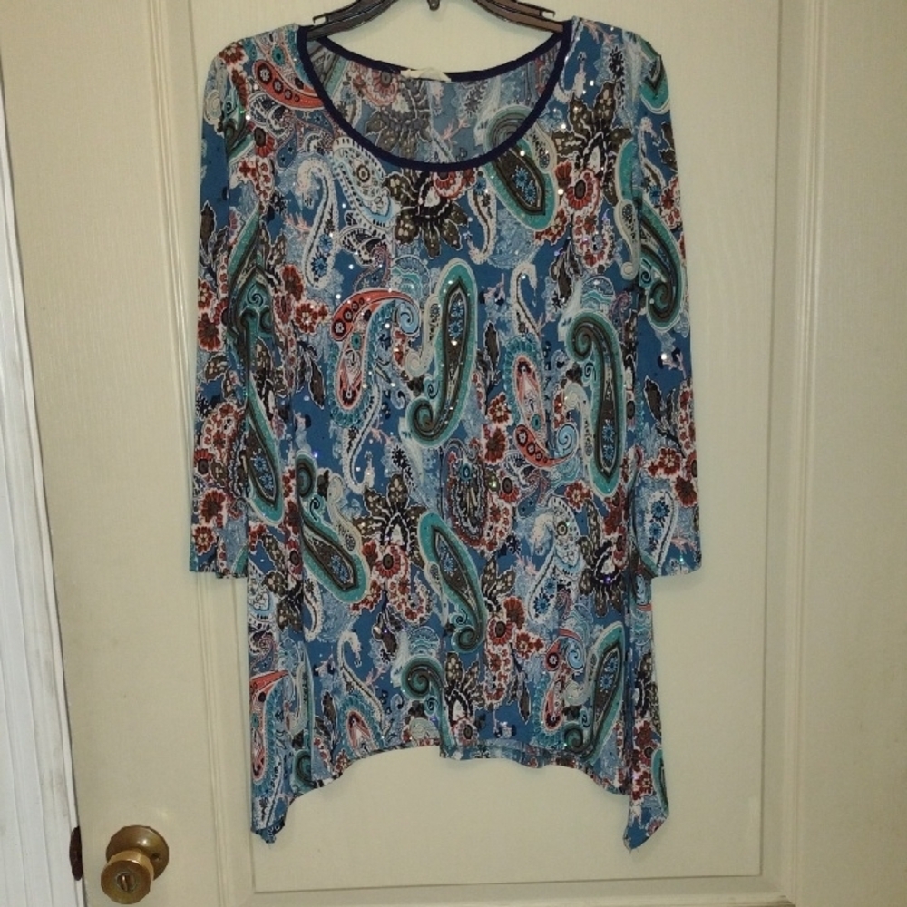 Asymmetrical Blue and Pink Tunic with 3/4 Sleeves